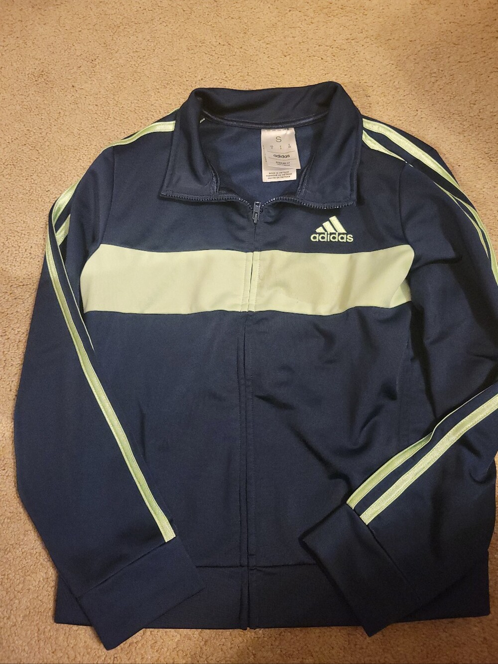 Boy's Adidas Navy Jacket with Pale Green Chest and Sleeve Stripes